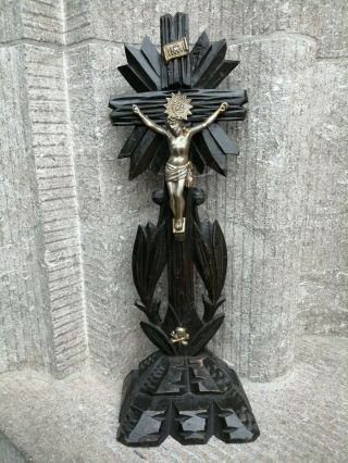 Antique Black Forest Carved Wood Standing Cross Crucifix Metal Jesus Corpus