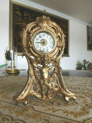 Antique Art Nouveau Gold Plated Mantel Clock Pat 