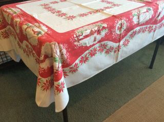 Vintage 50’s Oblong Christmas Tablecloth 44” X 52” - Old Times Winter Scenes