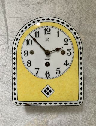 Vintage German 8 - Day Metal Wall Clock With Porcelain Face Plate
