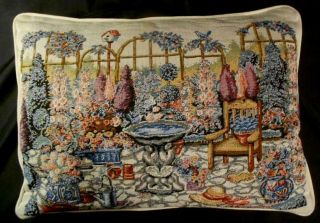Vintage Tapestry Woven Decorative Accent Pillow W/garden Scene W/insert