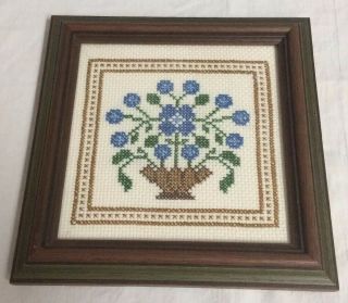 Vintage Completed Cross Stitch Framed - Blue Flowers In A Basket Byb12
