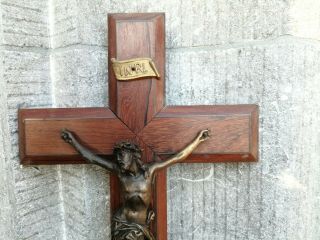 Antique France Wood Cross Crucifix Metal Inri Jesus Christ Corpus Wall Hanging -
