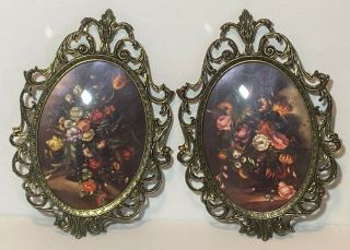 Made In Italy Vintage Ornate Brass Picture Frames W/ Flower Prints