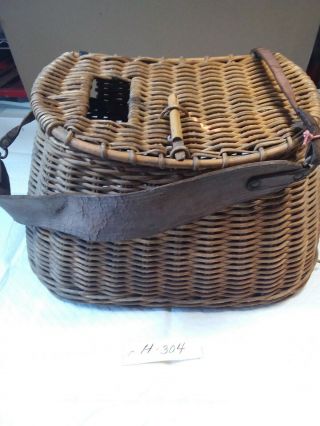 Vintage Wicker Fishing Creel With Leather Shoulder Strap