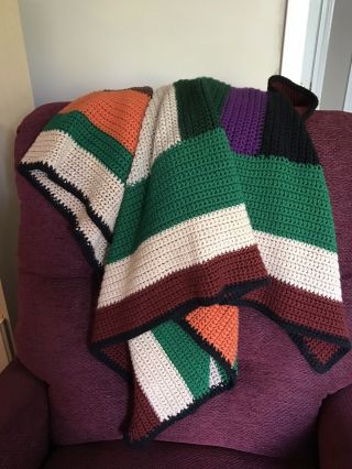 Vintages 80’s Hand Crocheted Afghan Throw Blanket 60x44 Blue Tan Maroon Green