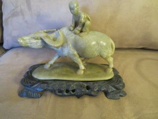 Vintage Chinese Soapstone Boy & Water Buffalo Carving On Stand 1970s,  6.  5 " X 5.  5