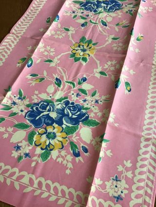 Vintage Nos Pink Kitchen /tea Towel Runner Blue Floral Flowers Pattern 27.  5 X 16