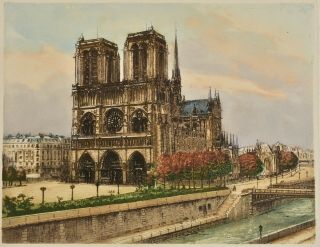 Vintage French,  Notre Dame Paris Etching Print,  Signed De Becoud