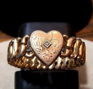 Antique Victorian Gold Filled Expandable Heart Locket Bracelet With Diamond