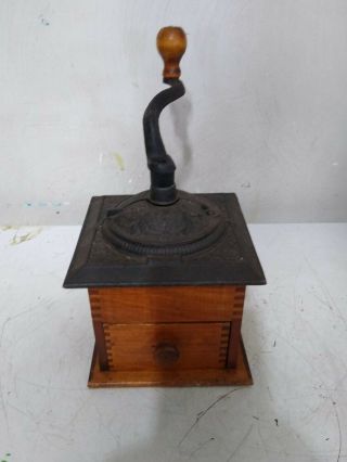 Antique Counter Top Cast Iron & Wood Coffee Mill Grinder Primitive Vintage