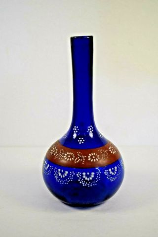 Antique Cobalt Blue Blown Glass Barber Bottle 8 " Enamel Decoration Pontil Mark