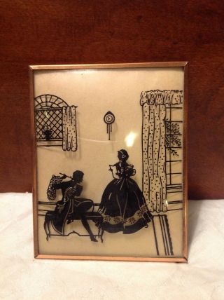 Bubble Glass Silhouette Vtg Mid Century Modern Victorian Couple Picture Framed