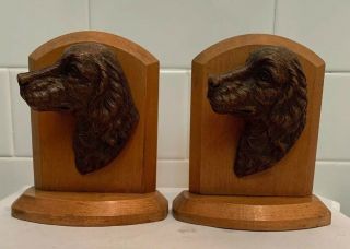 Vintage Antique Mcm Maple Bookends With 3d English Irish Setter Dogs Busts 1950s