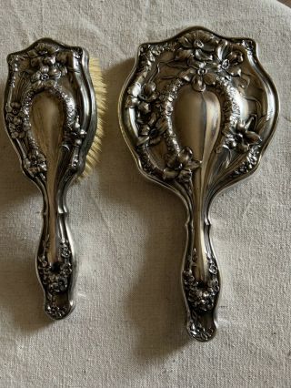 Antique Art Nouveau Quadruple Silver - Plate Beveled Hand Mirror & Hair Brush,  Flo
