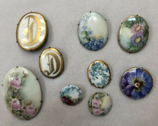 9 Antique Vintage Porcelain Handpainted Brooches Pins All For One Money