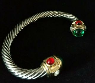 Vintage Cable Gripoix Glass Cabochon Silver Gold Tone Bangle Bracelet