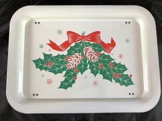 Vintage Metal Lap Snack Tv Tray Folding Legs Christmas Bed Tray Holly & Pinecone