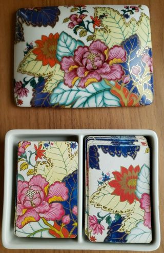 Horchow Imari Vtg Floral Porcelain 2 - Deck Card Box Japan W/worn Cards Trinket