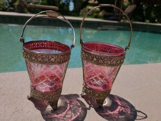Set Of 2 Vintage Cranberry Cut Glass Basket Bud Vases