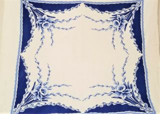 Tablecloth - Vtg - White W/royal & Lite Blue Floral Pattern,  White Center 37 X 34 "