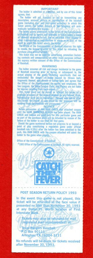 1993 Texas Rangers World Series Game 7 Phantom Ticket 2
