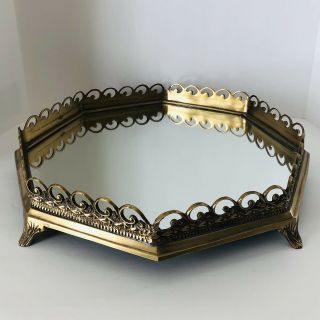 Vintage Octagon Mirror Vanity Tray With Gold Ornate Metal Frame