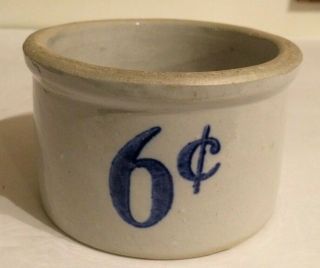 Vintage Double Sided 6 Cents In Blue Glaze Stoneware Butter Crock