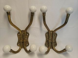 Vintage Set Of 2 Brass And Porcelain White Knob Coat Hooks Two Hook Single Unit
