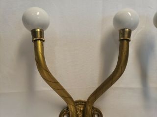 Vintage set of 2 Brass And Porcelain White Knob Coat Hooks Two Hook Single Unit 2