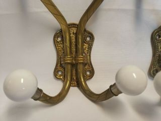 Vintage set of 2 Brass And Porcelain White Knob Coat Hooks Two Hook Single Unit 3