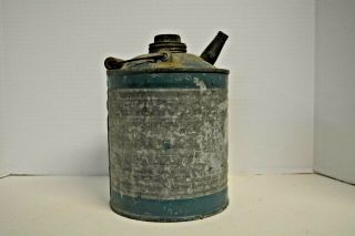 Vintage Small Galvanized Metal Gas Oil Kerosene Can Wood Handle Blue Trim