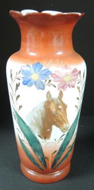 Antique Hand Painted Bristol Glass Vase With Horse Portrait
