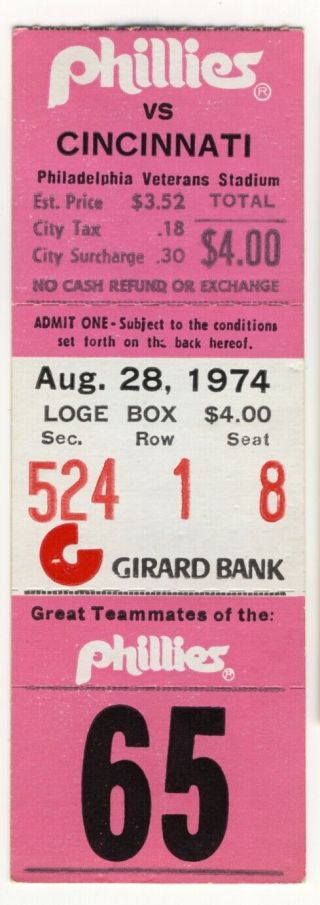 Phillies Ticket Stub 1974 Vs Cincinnati