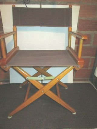 Vintage Folding Directors Chair Canvas Wooden Frame Captains Chair Brown Fabric