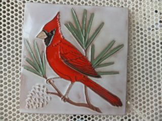 Vtg Mckusick Gila Pottery Southwest Cardinal Bird Artist Signed Ceramic Tile