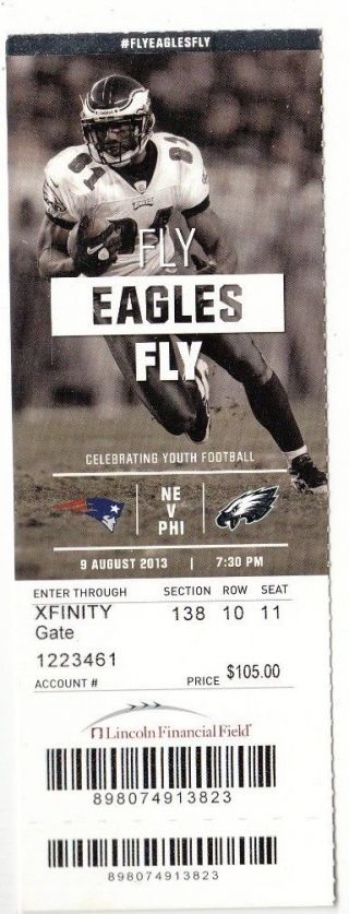 2013 Philadelphia Eagles Vs England Patriots Ticket Stub 8/9/13 Jason Avant
