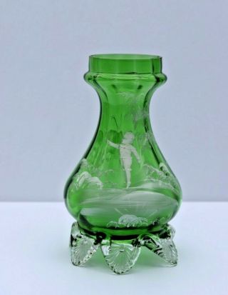 Antique Mary Gregory Green Glass Vase With Applied Clear Feet Enamel Boy