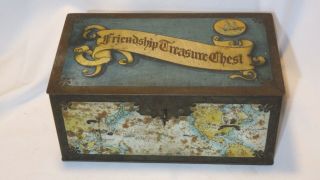 Antique Friendship Treasure Chest Metal Toy Trinket Box Nautical Map Theme W Key