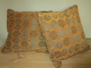 Vintage Set Of 2 Brown Tan Gold Spiral Dot Couch Upholstered Throw Pillows