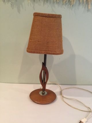 Vintage Mid Century Modern Teak Wood Lamp Made In Yugoslavia Woven Shade 17”