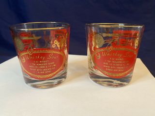 2 Vintage Mid - Century Red Gold Whiskey Sour Old Fashioned Rocks Highball Glasses
