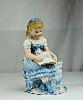 Antique German Bisque Hand Painted Match Holder Striker Girl With Cat And Book