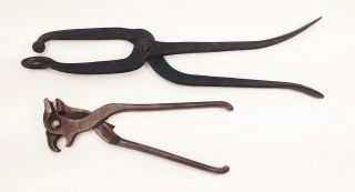Vtg Antique Cast Iron Blacksmith Leather Tongs Tools Stretching Shaping