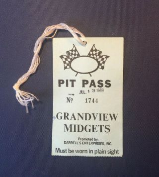 1980 Grandview Speedway Midgets Auto Race Pit Pass