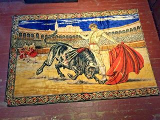 Vtg Velvet Tapestry Rug Wall Hanging Spanish Matador Bullfighter Bull 47 " X 69 "