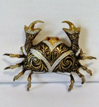 Vintage Damascene Style Crab Crustacean Red Rhinestones Gold Tone Metal Brooch
