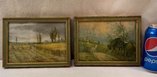 Vtg Pair 1940 - 50’s Farm House Barn Hay Field Country Framed Prints Lithograph
