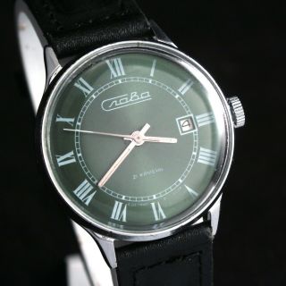 1970s Slava Green Dial Vintage Russian Soviet Ussr Mechanical Watch Date Indicat