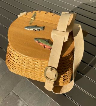 Vtg Handmade Fishing Fish Trout Creel Basket Signed Mre Woven Leather Ash Willow